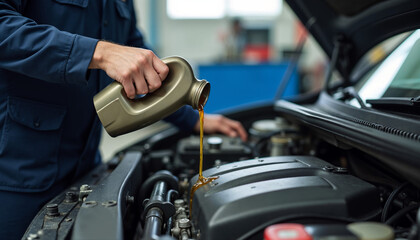 Close- up of mechanic pours motor oil while doing car engine maintenance at auto repair shop.
