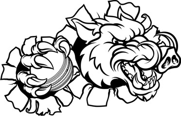 Sticker - A wild boar, hog razorback warthog pig mean tough cartoon sports mascot holding a cricket ball