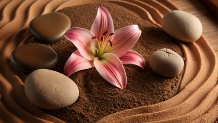 Poster -  sand lily and spa stones in zen garden.