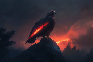 A mystical black eagle with glowing red accents perched on a rocky outcrop against a dramatic sky.