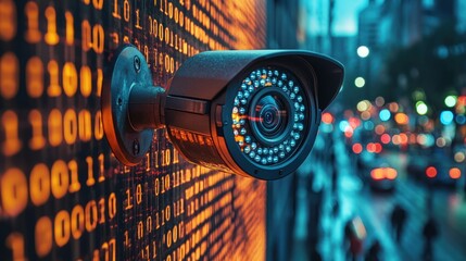 A CCTV camera mounted on a wall with a binary code background. The camera is facing the street with blurred city lights in the background.