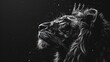 © Helois - A majestic lion with a crown on its head, looking up towards the sky, with a dark background and white specks of light.