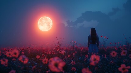 Wall Mural - a woman stands in a field of flowers under a full moon.