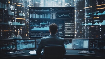 close-up of office worker sitting in front of huge screen in office of the future