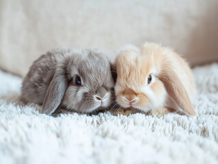 Two baby rabbits are laying on a white blanket