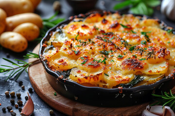 Wall Mural - Spinach and Potato Gratin: Layers of thinly sliced potatoes and spinach baked with cream, garlic, Gruyere cheese, and breadcrumbs until bubbly and golden.