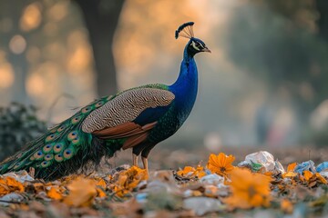 Sticker - Peacock standing in a pile of fallen leaves and trash