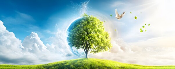 Wall Mural - Green Tree with Dove in the Sky