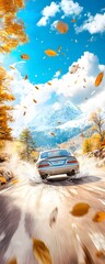 Poster - Car Driving Through Autumn Leaves With Snowy Mountain in Background.