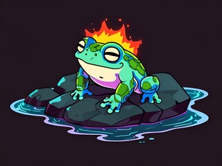 Wall Mural - Cartoon Frog With Fire on Head Sitting on a Rock by the Water