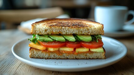 Fresh vegetable sandwich, toasted bread, vibrant ingredients, sliced tomatoes, crisp lettuce, avocado, on white plate, coffee cup in background, walnut wood table surface.