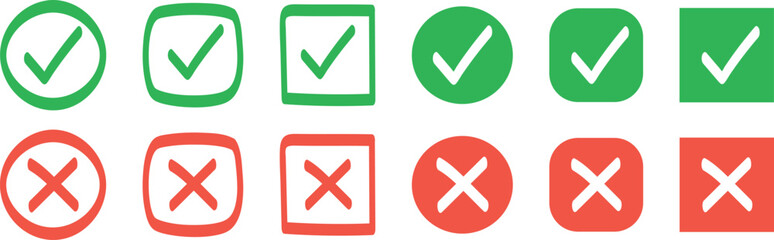 Sharp green checkmark and red cross on isolated white background vector symbol for right and wrong choices. Symbol of choice set. Modern flat design, Checkmark icon set. Checkmark right symbol tick.