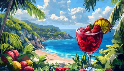 An illustration of a red and fruity cocktail looking over a tropical landscape