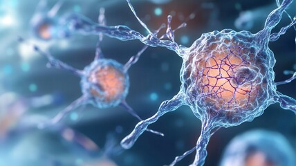 Artistic microscopic image of cell membranes interacting, showing complex networks of lipids and proteins, dynamic visualization