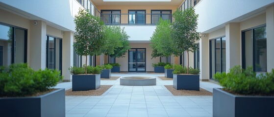 White and dark navy blue hues, natural lighting, and a contemporary, minimalist assisted living facility courtyard