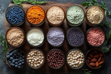 Wall Mural - High-Protein Diet Essentials: Top View of Shakes, Powders, and Legumes for a Health-Conscious Life