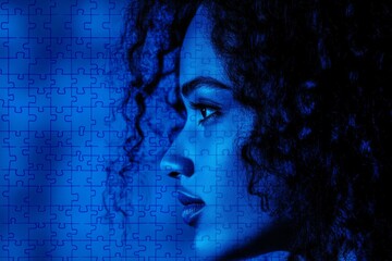 Sticker - Neuroendocrinology Cortisol levels fluctuation Deep thought imagination captured in a profile of a woman against a digital blue background symbolizing modern intelligence and cognitive reflection