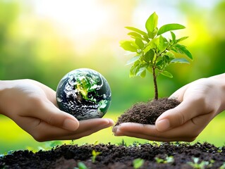 Poster - Hands Holding Earth Globe and Sprout in Soil.