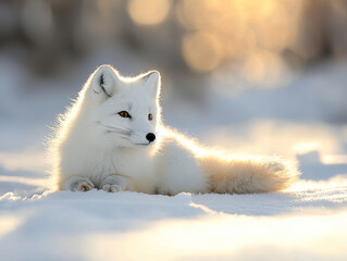 a white fox is laying in the snow