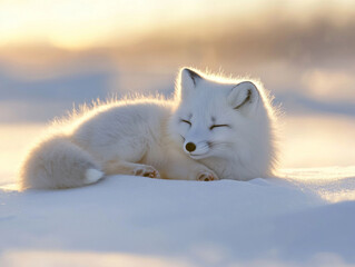 Wall Mural - a white fox is sleeping on the snow