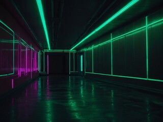 Wall Mural - Neon green fluorescent hallway with a glowing abstract design.