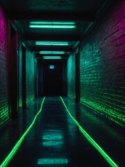 Wall Mural - Neon green fluorescent hallway with abstract light effects.