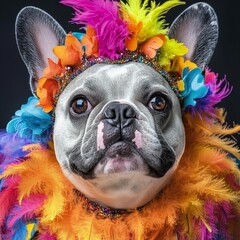 Wall Mural - Portrait of a happy french bulldog dressed as Carnival with makeup, wig, glitter collars and feather boas celebrating in a street day parade. Featuring Joyful Dog in Festive Attire for Advertising and