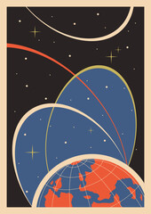 Wall Mural - retro space background, vector template for cosmic illustrations, covers, posters. earth, orbits, st
