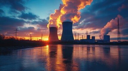 Nuclear power plant releasing smoke into atmosphere at sunset