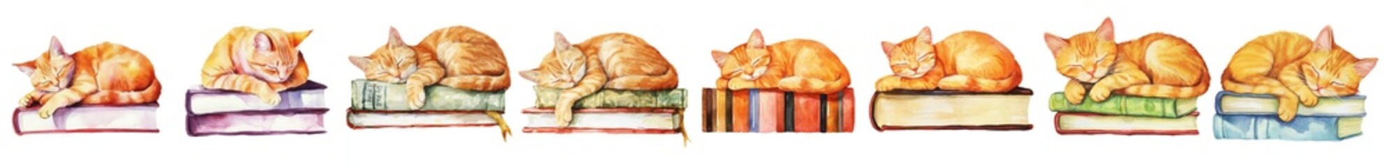 Aufkleber - Stacks of books asleep with a cat, watercolor clipart illustration.