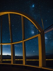 Wall Mural - Night sky reflections seen through solar panels on an observatory.