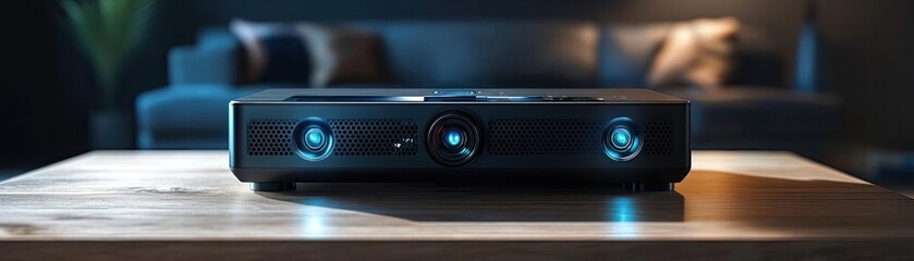 High-definition projector, with adjustable lenses, remote control, and compact design, 3D product visualization