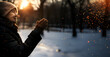 © MonkaLemonka - old, smiling, lonely senior lady outside in the winter; snowy day; elderly woman enjoying snowy weather; copy space; widescreen backdrop