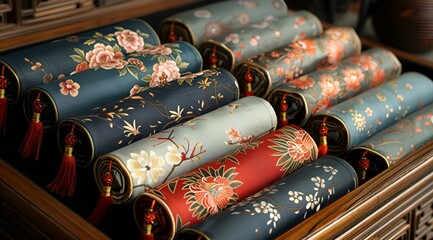 a group of rolls of fabric. 