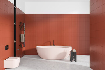 Wall Mural - Tiled home bathroom interior with tub, wall hung toilet and accessories