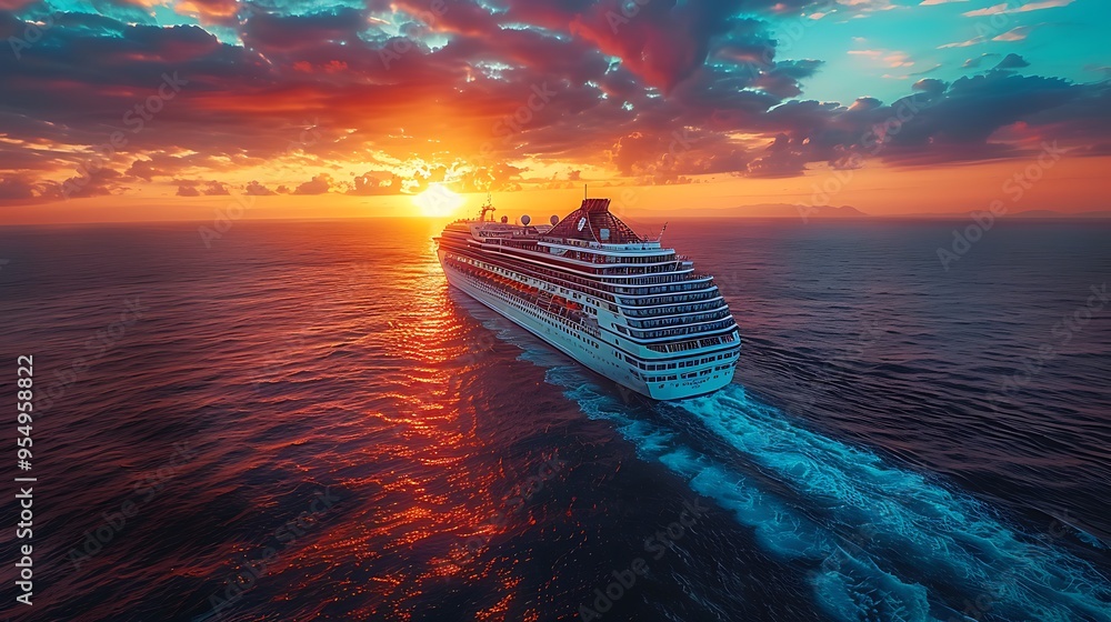 A cruise ship sails through the ocean at sunset, with a fiery sky and ...