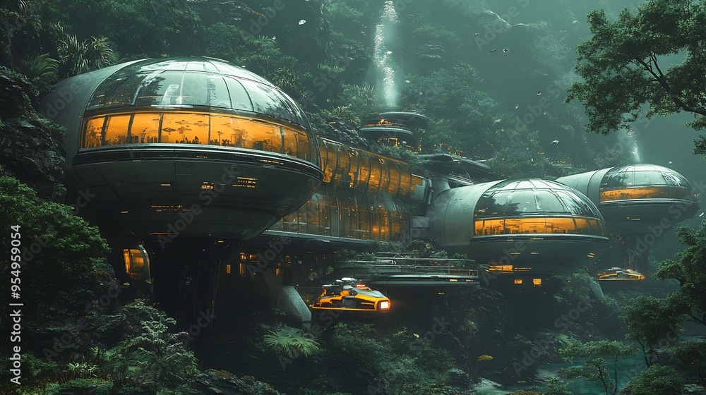 Concept art of futuristic underwater research facility with glass domes ...