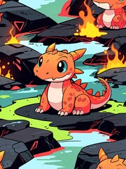 Wall Mural - Cute Cartoon Dragon in a Volcanic Landscape