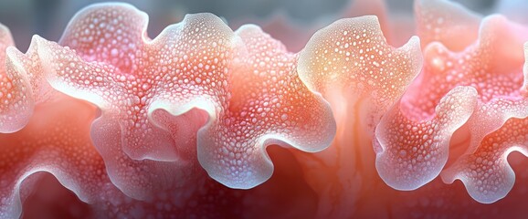 Wall Mural - Closeup of a delicate, pink, coral-like structure with small water droplets.