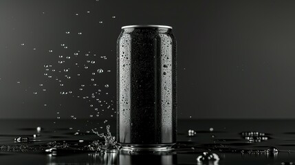 Black Aluminum Can with Water Droplets on a Dark Background