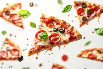 Pizza slices flying, isolated on white background. Delicious peperoni pizza slices pepperonis and olives, floating pizza pieces with melting cheese with basil leaves flying. Italian style pizza, ai