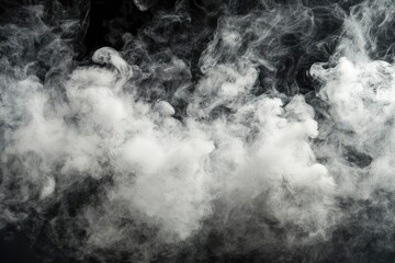 Collection of close-up shots of abstract white steam or smoke. White cloudiness from moisture spray Isolated on a black background, ai