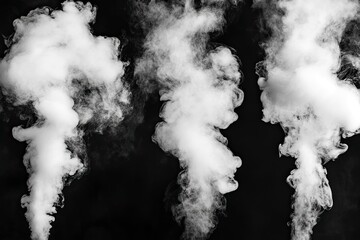 Collection of close-up shots of abstract white steam or smoke. White cloudiness from moisture spray Isolated on a black background, ai