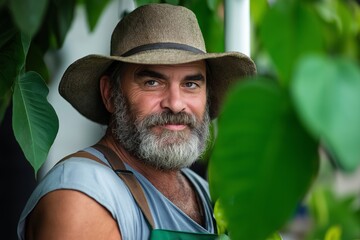 A man with a hat and beard is smiling. He is wearing a blue shirt and a green apron