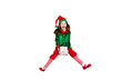 © deagreez - Full length body size profile side view of nice attractive cheerful positive overjoyed glad funny small little pre-teen elf holding in hands white box isolated over bright vivid shine red background
