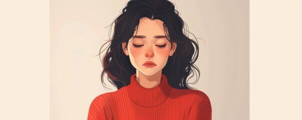 Wall Mural - Cartoon illustration of a sad, lonely woman in a cozy sweater, sitting in reflection. Free copy space for text.