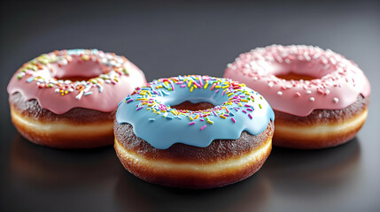 Close Up of Three Delicious Glazed Donuts with Sprinkles, Featuring a Blue, Pink, and Pink Donut with a Black Background