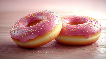 Close Up View of Pink Glazed Donuts with Sprinkles on a Wooden Table