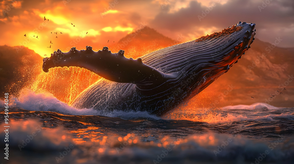 Humpback Whale Leaps from the Ocean During a Vibrant Sunset, Creating a ...