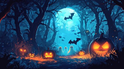 Haunting illustration of glowing jack-o'-lanterns and three ghosts in a moonlit forest with bats flying, creating a chilling yet magical Halloween night ambiance.